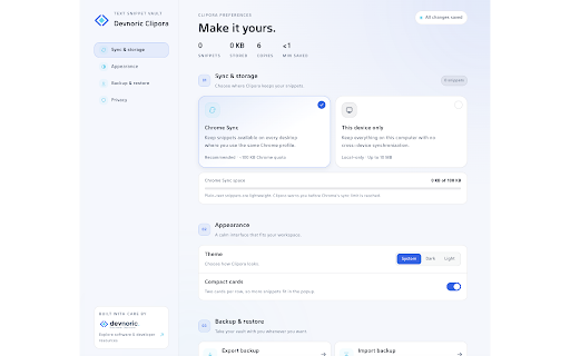 Devnoric Clipora :: Save, organize, sync, and copy your reusable text snippets in one click.