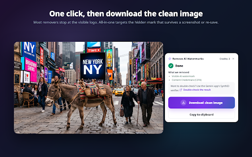 AI Watermark Remover: SynthID & Gemini :: Remove supported AI watermarks and metadata. Use Clean or right-click images you own, then choose visible or SynthID removal.