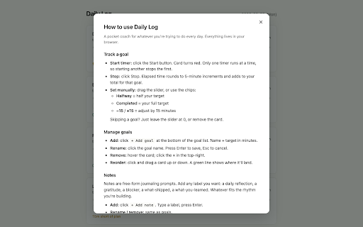 Daily Log :: Track daily goals with one-tap timers, a year-long heatmap, a mind map, and searchable 3-year history. All data stays in-browser.