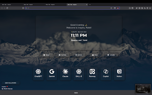 Inspira – Personal New Tab Dashboard AI and More :: Transform your new tab into a personal dashboard with live time, weather, quotes, wallpapers, quick links & top AI tools.