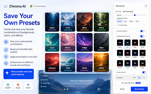 ChatGPT, Claude & Gemini Themes – Chroma AI :: Themes, wallpapers & custom backgrounds for ChatGPT, Claude & Gemini. Glass effects, GIF backgrounds, community theme gallery.
