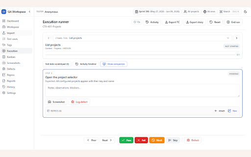 QA Workspace :: A professional browser-native QA execution workspace for manual testers and SDETs. Offline-first.