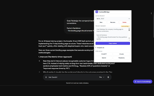 ContextBridge :: Project memory that follows you across ChatGPT, Claude, Gemini and Perplexity. Save snippets, get AI summaries, paste anywhere.