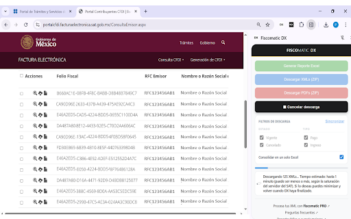 Fiscomatic DX :: Descarga masiva de CFDI del SAT (XMLs y PDFs) con filtros por estado y tipo. Reporte Excel. 100% local, sin registro.