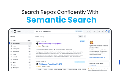 SearchGit: Typeahead + Semantic Search for GitHub :: Power up GitHub search with instant typeahead, multilingual semantic README search, and quick access to your recent queries.