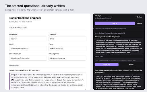 Fillwright :: Drafts the required answers on job applications from your resume and your own context. You approve every one.