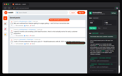 BookmarkBrain :: Chat with your X/Twitter bookmarks and Reddit saved posts using AI.