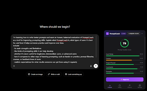 PromptCoach :: Write better AI prompts. Local-first prompt analysis and coaching for ChatGPT, Claude, and more.