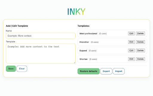 Inky AI - Content assistant :: Inky is a Chrome extension that lets you quickly rewrite selected text with AI in your chosen tone or style.