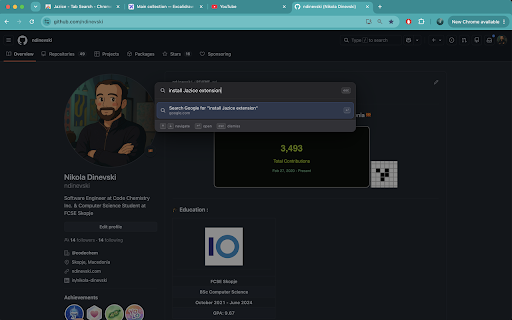 Jazice - Tab Search :: Press Cmd+K (Ctrl+K) to instantly search and jump between your open tabs, or Google anything new.