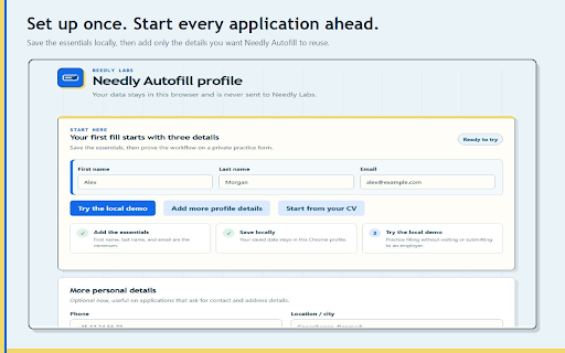Job Application Autofill — Needly :: Autofill job applications on Workday, Greenhouse, Lever, Ashby, and other recognized forms. Your profile stays on your device.