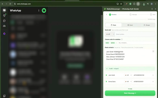 WaBulkMessenger — WhatsApp Bulk Sender :: Send personalized bulk WhatsApp messages from WhatsApp Web with Excel/CSV import, scheduling, attachments, and campaign tracking.