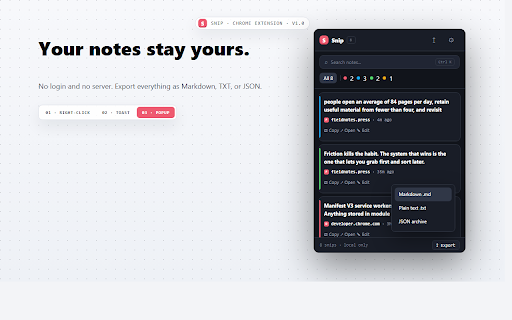 Snip - Save Text and Notes from Any Website :: Save text and notes from any website in one click. Search, tag, copy, and export local notes.
