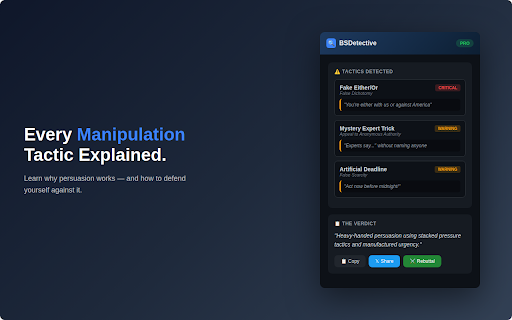 BSDetective – Persuasion Pattern Analysis :: Detect persuasion tactics in articles, emails, contracts and messages. AI-powered manipulation analysis.