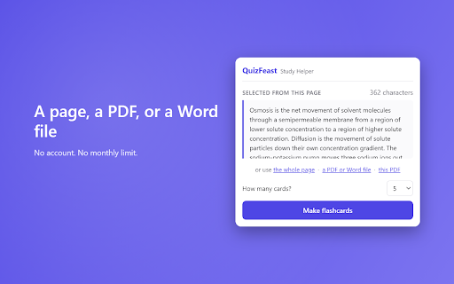QuizFeast Study Helper :: Turn any page, PDF or Word file into flashcards. Every card shows the sentence it came from, so you can check it yourself.