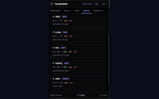TheWARDN — AI Governance :: Govern AI agent actions from your browser. Approve escrow, monitor verdicts, detect Shadow AI.