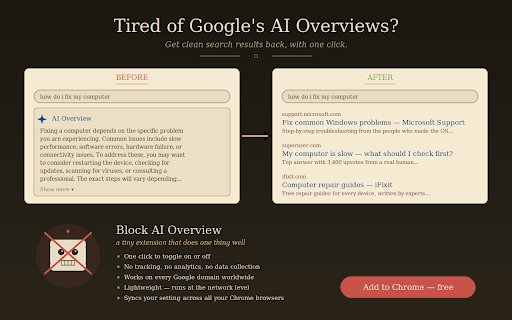 Block AI Overview :: One-click toggle to block AI Overviews from Google search results.