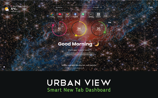 Urban View – Smart New Tab Dashboard :: A beautiful new tab with live time, daily focus, quotes, weather, shortcuts, and productivity tools.
