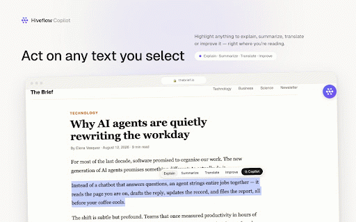 Hiveflow - AI Agent Orchestrator :: AI copilot in your side panel: chat with page context, write emails in Gmail, and run your Hiveflow agents on any website.
