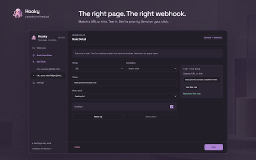 Hooky :: Send page context to your webhooks with reusable templates and smart rules. A product of hexly.ai.