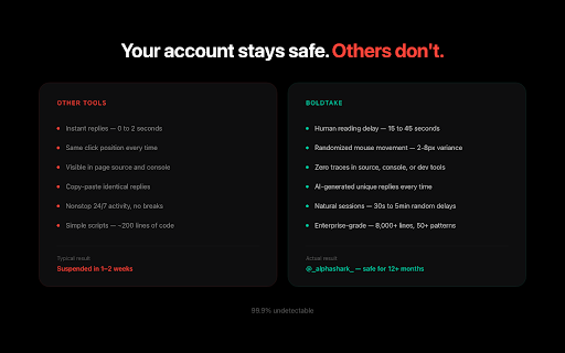 X.com Auto Reply – BoldTake AI Bot :: Go viral on autopilot. 38M+ impressions generated. AI auto-replies that sound human, 99.9% undetectable. Free 7-day trial.