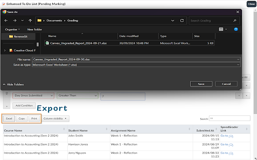 Enhanced Canvas LMS To Do (Ungraded List) :: This displays the full To Do list of ungraded submissions in Canvas LMS, with filter, search and sorting functionality.