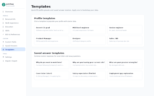 JobFlow Autofill :: Smart autofill for job apps, sign-ups, shipping & contact forms. Custom fields, templates & saved answers — stored locally.