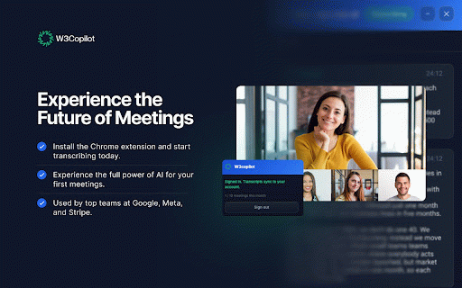 W3copilot :: AI meeting transcription for Meet, Zoom & Teams. No bot. Live transcripts, notes, sync to your account. In-meeting panel + export.