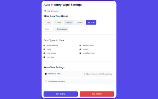 Auto History Wipe :: Auto History Wipe: Clean browsing history, cache & cookies automatically or manually. Supports incognito mode and tab management.