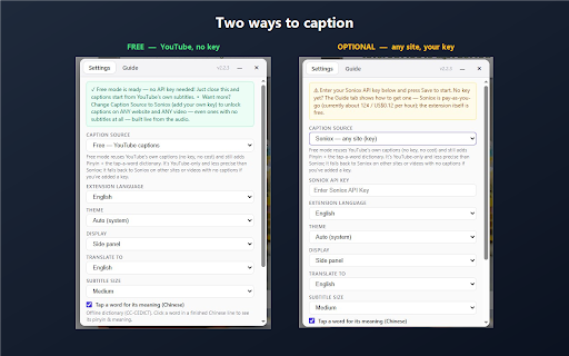 Live Dual Subtitles with Auto-Translation and Pinyin :: Adds Pinyin + a translated 2nd subtitle line to Chinese videos. Reads the site subtitles — or the ones printed on the video.