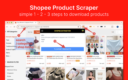Shopee Extractor - Export Shopee Products to CSV/Excel/JSON :: Scrape Shopee products from searches, categories, or listings to CSV/Excel/JSON. Save Shopee products to your computer