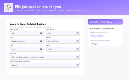 GiraffyReach Auto-Apply :: Fills job applications on ATS sites from your GiraffyReach profile. You review and submit — it never submits for you.