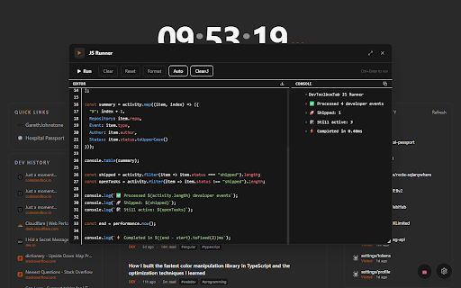 DevToolboxTab :: A customizable developer new tab dashboard with quick links, Git activity, dev news, and built-in coding tools.
