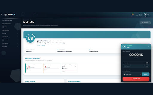 Xinnace Time Tracker :: Clock in, track breaks and clock out of your Xinnace workspace, straight from your browser.