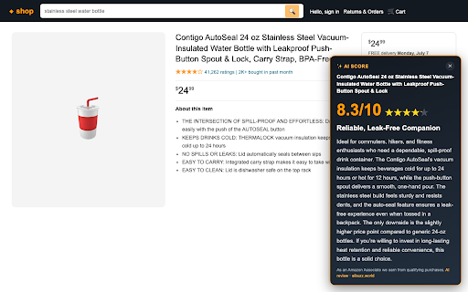 AI Product Reviewer for Amazon :: Instant AI review and score (out of 10) on every Amazon product page — know if it's worth buying before you spend a cent.