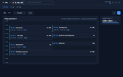 Tally :: See your Jira worklogs as a timesheet, track time locally, and log the time Jira is missing.