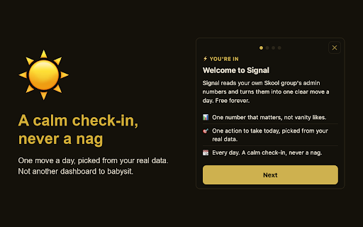 Skool Growth Score :: Skool community growth score. Your one number and one next move, from your own admin data. Aggregate only, consent-gated.