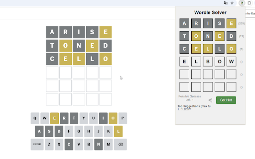Wordle Solver - Your Wordle Wingman :: Get smart hints for your Wordle game! This extension analyzes your current game and suggests optimal next guesses.