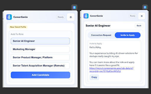 CareerGenie Talent Outreach Manager :: Detect LinkedIn profiles, check pipeline, add to roles, and suggest outreach messages.