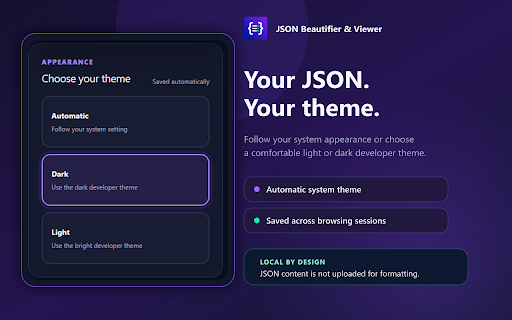 JSON Beautifier & Viewer :: Make raw API responses readable with JSON Beautifier: automatic formatting, collapsible trees, syntax highlighting, and dark mode.