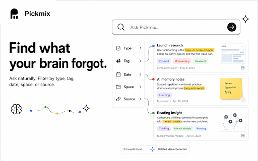 Pickmix - Knowledge base and growth AI Agent :: Pickmix builds a visual AI knowledge base from your research. Capture, organize, and synthesize web content in one workspace.