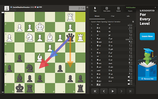 RUSChessBot :: Stockfish chess analysis for chess.com — live evaluation, top-3 move suggestions, opponent stats, and coaching.