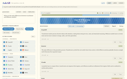 AskAll — Ask Multiple AI Chatbots, Compare Side by Side :: Send one question to ChatGPT, Gemini, Claude, DeepSeek, Grok and 20+ AI provider presets. Compare responses side by side.