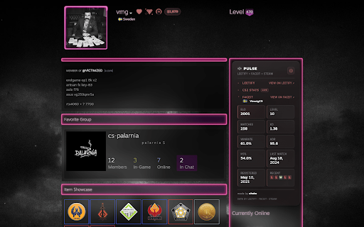 CS2 Stats on Steam Profiles: Leetify, Faceit ELO & Rank (Pulse) :: Pulse shows CS2 stats on any Steam profile: Leetify aim/KD/winrate, Faceit ELO, in-game Private Rank. Zero setup, liquid-glass UI.