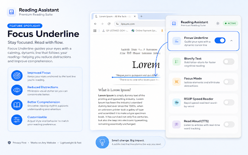 Reading Assistant: Focus & Speed Reader :: Read faster and eliminate screen fatigue with 5 tools: Smart Underline, Bionify, Focus Mode, Speed Reader, and Text-to-Speech.
