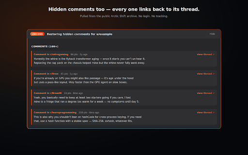 Reddit Profile Unhider :: Reveal Reddit content that's been hidden on a user's profile, removed by mods, or deleted.