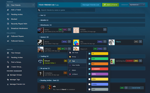 Steam Friends Manager :: Bring structure to Steam friends: custom groups, personal notes, tags, drag-and-drop, and one-step bulk moves.