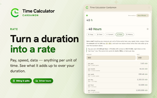 Time Calculator Cardamon :: Add, subtract, multiply, divide & convert durations in Chrome’s side panel or address bar. Offline, no sign-in.