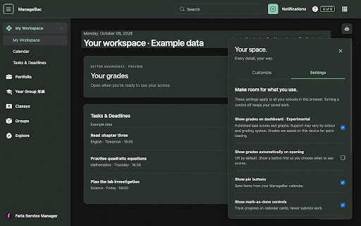 Better ManageBac :: Make ManageBac yours: themes, photo and video backgrounds, custom colors, and saved tasks.