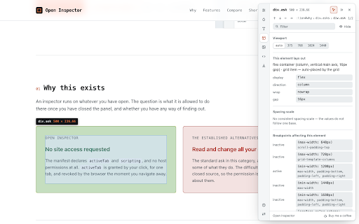 Open Inspector :: Inspect layout, styles and design tokens on any page. Free, open source, and never sends anything anywhere.